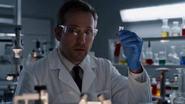 Scientist conducts experiment in laboratory while examining test tube filled with red liquid