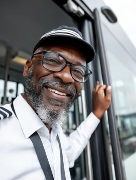 Smiling bus driver greets passengers at city bus stop in bright morning