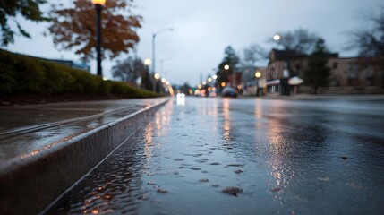Wet urban street reflecting streetlights and buildings on an overcast evening after rain