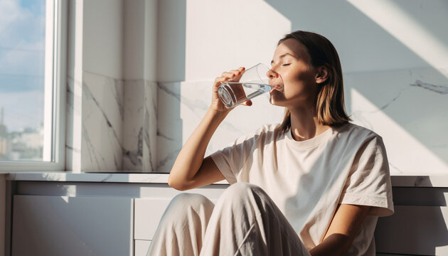 Person drinking a glass of water in bright kitchen, healthy daily habit concept, clean modern interior, natural sunlight, realistic photography, fresh mood, minimal composition, stock image, no text, 