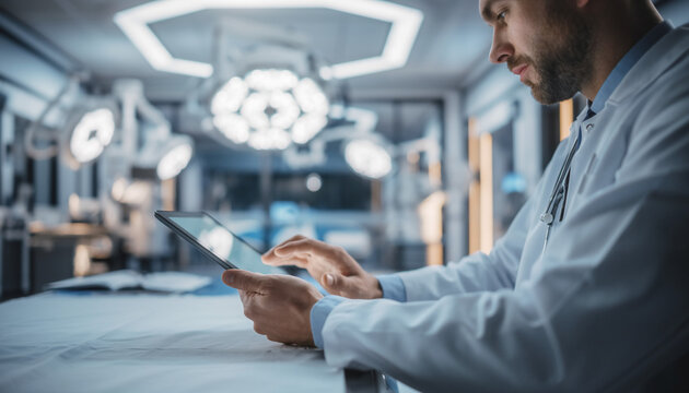 Doctor using digital tablet in modern hospital, healthcare technology concept, clean futuristic medical environment, soft lighting, realistic photography, shallow depth of field, stock image, no text,