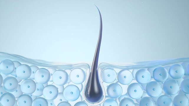 Nourish hair of shampoo or Oil Vitamin serum. Repair damaged hair concept, 3d animation.