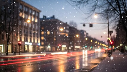 Snowy city street with traffic lights