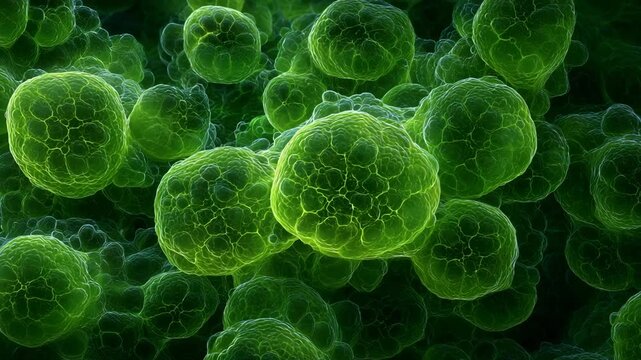 Microscopic green cellular structures glowing with internal network detail and organic texture in a
