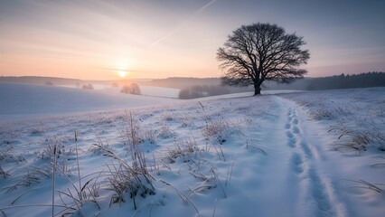 Snowy landscape with tree and footprints