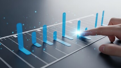 Finger interacting with glowing blue digital bar chart data visualization