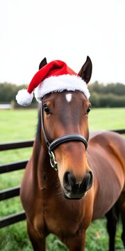 A Majestic Palfrey Enjoys a Festive Winter Holiday Season While Dressed in Santa Attire Outdoors