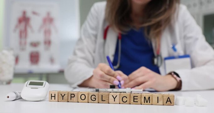 Set of wooden blocks on desk spells word Hypoglycemia near glucometer and sugar cubes. Doctor in blue scrubs writes notes checking blood sugar