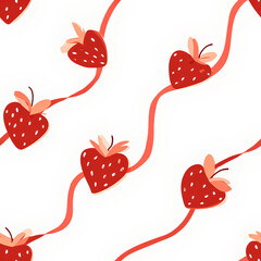 Colorful and playful pattern featuring heart shaped strawberries intertwined with flowing red lines, creating whimsical and cheerful design perfect for various creative projects
