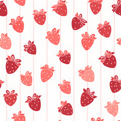 Colorful strawberry pattern with various shades of red and pink, featuring cute bows on each strawberry. This design is playful and vibrant, perfect for textiles or wallpapers