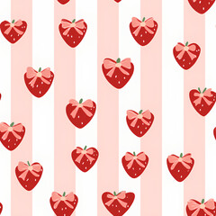 Playful pattern featuring red strawberries adorned with bows on soft pink and white striped background, evoking cheerful and whimsical atmosphere