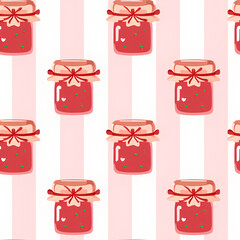 Charming pattern featuring jars of strawberry jam with decorative bows, set against alternating pink and white stripes, evoking sweet and playful atmosphere