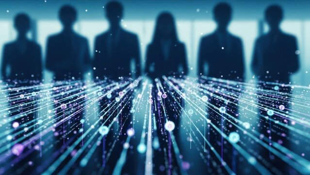 Silhouettes of business people above abstract digital data streams - Powered by Adobe