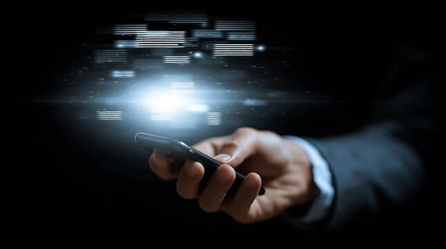 
Person Holding Smartphone with Glowing Chat Interface in Dark Environment, Representing Digital Communication and Modern Technology Interactions

