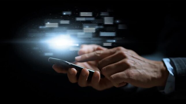 
Person Holding Smartphone with Glowing Chat Interface in Dark Environment, Representing Digital Communication and Modern Technology Interactions

