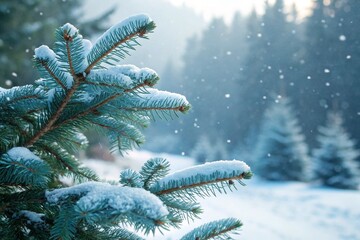 Snow-covered evergreen branch hangs gracefully against a soft blurred winter forest background. Falling snowflakes create a serene, peaceful, frosty atmosphere perfect for holiday and seasonal project
