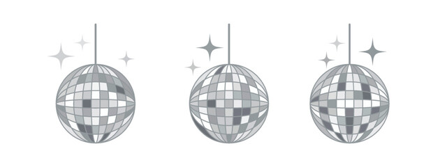 Mirror disco balls set isolated on white. Ideal for party invitations, dance club logos, nightlife posters, and music event graphics with retro vibe.