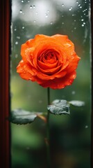 A single orange rose is in the foreground of a window. The rose is surrounded by green leaves and the window is foggy