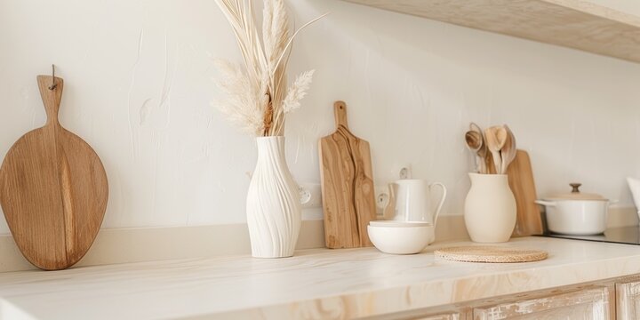 Close-up of a kitchen counter mockup with modern boho decor and neutral beige color palette