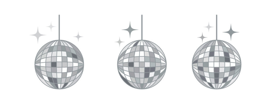 Mirror disco balls set isolated on white. Ideal for party invitations, dance club logos, nightlife posters, and music event graphics with retro vibe.