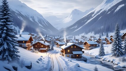 Snowy village winter landscape