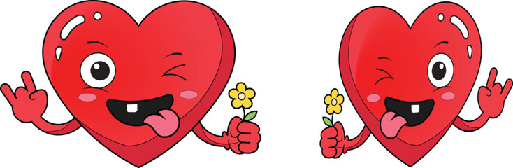 Two cartoon hearts with faces holding flowers and making rock on hand gestures