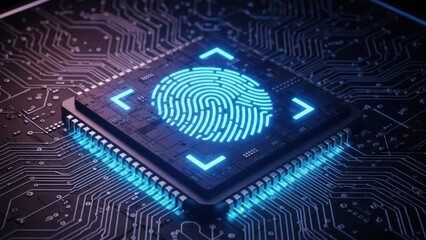 Glowing fingerprint icon on a dark electronic circuit board processor