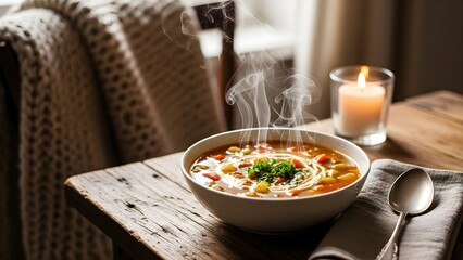 Steaming soup bowl and candle on wooden table