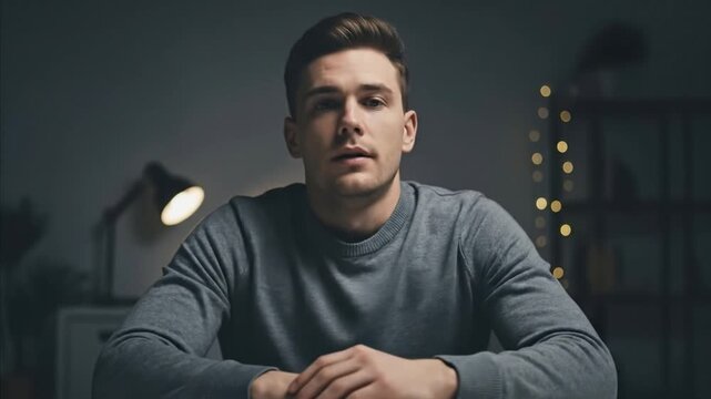 tired young man finding calm and acceptance after stress in dim room