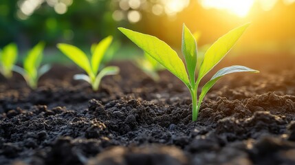 A small green plant is growing in the dirt. The plant is surrounded by dirt and has a small stem