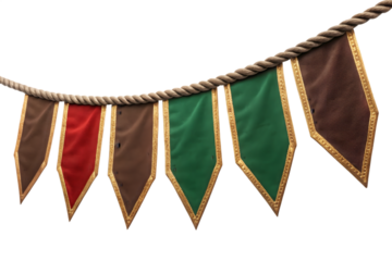 A rustic pennant bunting decoration featuring red, green, and brown flags on a thick rope