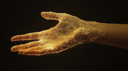 Abstract hand reaching out, glowing network, dark background