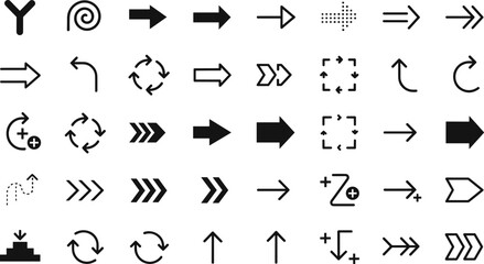 Comprehensive black vector icon set featuring various arrow styles, spiral shapes, refresh, zoom, and essential user interface navigation and action symbols.