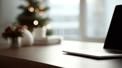 corporate workspace with laptop and festive decor, productivity theme
