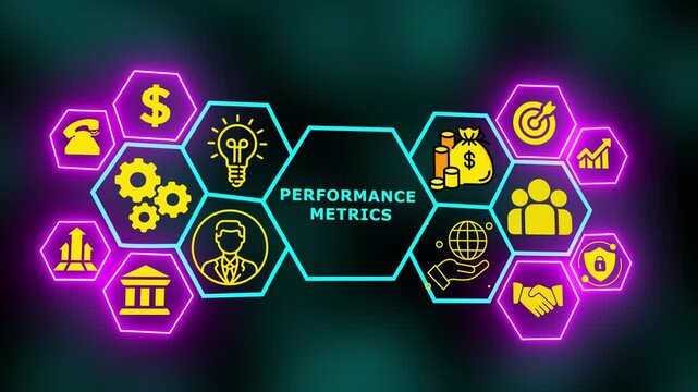 A futuristic neon performance-metrics display featuring measurable indicators, structured dashboards, progress tracking, and business evaluation tools.