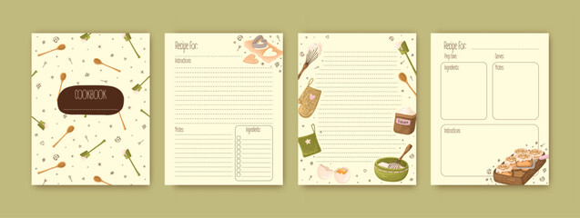 Templates for a cozy recipe book. The blank pages for your recipes. Cookbook. Vector.