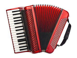A vibrant red piano accordion with black bellows and white keyboard, isolated on a dark background