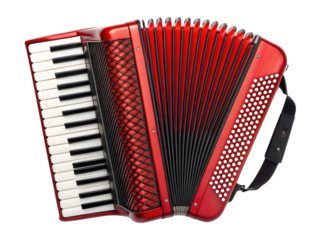 A vibrant red piano accordion with black bellows and white keyboard, isolated on a dark background