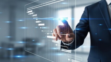 Businessman interacts with holographic project management timeline interface.