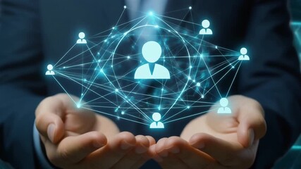 Hands cradling a vibrant digital network of interconnected user profiles, symbolizing advanced human resources, global business connections, and collaborative community building - Powered by Adobe
