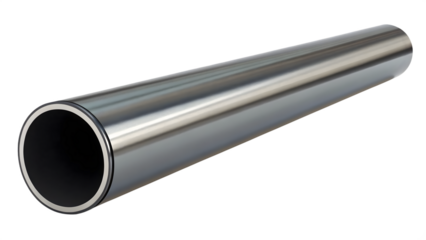 A highly polished stainless steel pipe with a hollow interior against a black background