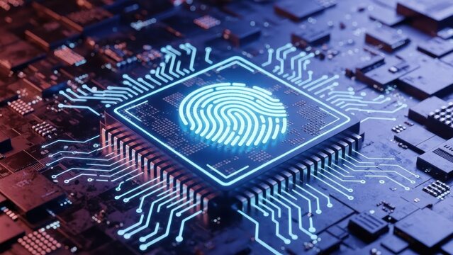 Glowing fingerprint on a futuristic computer chip circuit board. - Powered by Adobe