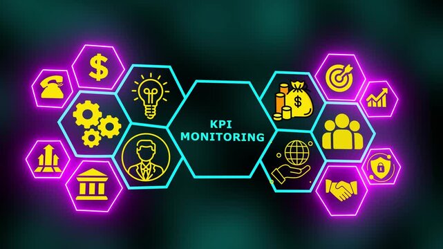 A modern neon KPI-monitoring dashboard illustrating real-time indicators, performance tracking, measurable outcomes, and structured business control.