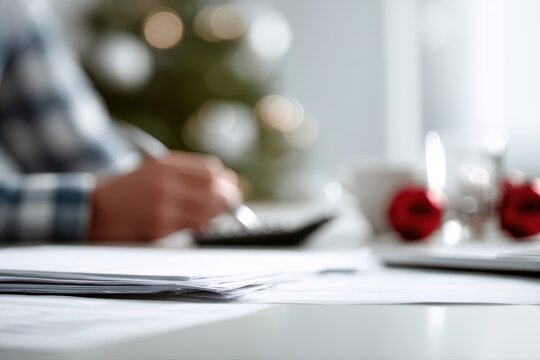 account manager reviewing financial report with festive desk decor