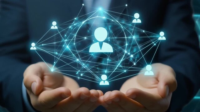 Hands cradling a vibrant digital network of interconnected user profiles, symbolizing advanced human resources, global business connections, and collaborative community building