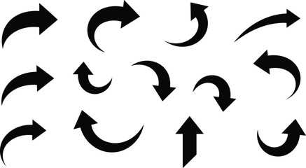 Curved arrow icons collection, directional navigation symbols, circular motion arrows, black white vector illustration, modern graphic design