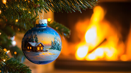 A decorative glass Christmas tree bauble with an image of a house in the woods hangs neatly from a spruce branch against the soft backdrop of a fireplace and festive interior
