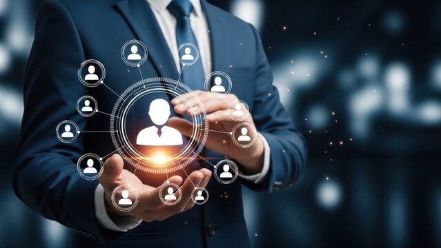 Businessman holding glowing network of user icons above hands - Powered by Adobe