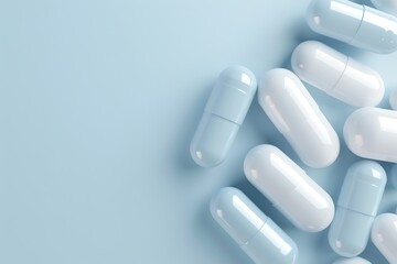 A collection of pills in blue and white colors arranged on a light blue background. The scene shows the shapes and colors of the pills clearly in a well-lit area