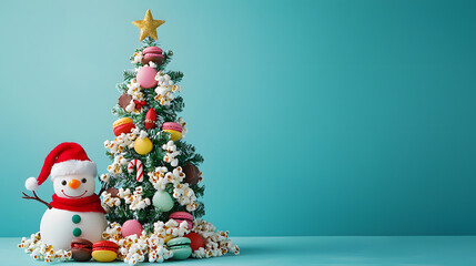 A snowman stands next to a Christmas tree decorated with popcorn, cookies, macarons, and sweets, against a clean blue studio background with large copy space